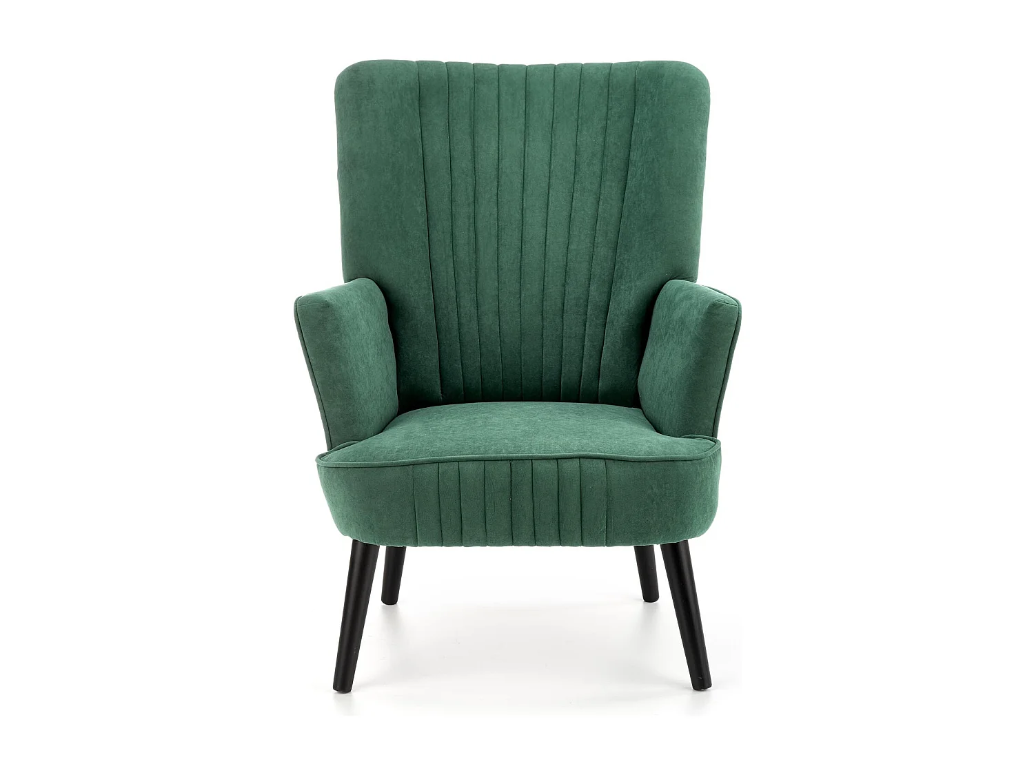Fauteuil contemporain en velours vert avec haut dossier et pieds noirs en bois massif CYRUS