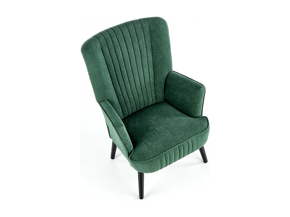 Fauteuil contemporain en velours vert avec haut dossier et pieds noirs en bois massif CYRUS