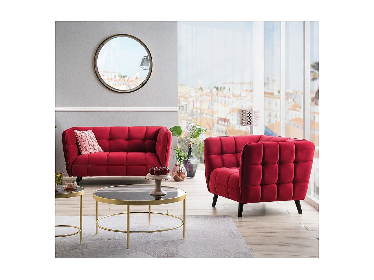 Fauteuil design carré velours bordeaux capitonné Compi