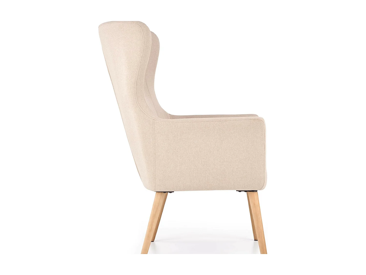 Fauteuil rembourré en tissu beige avec dossier haut et pieds en bois de caoutchouc WISH