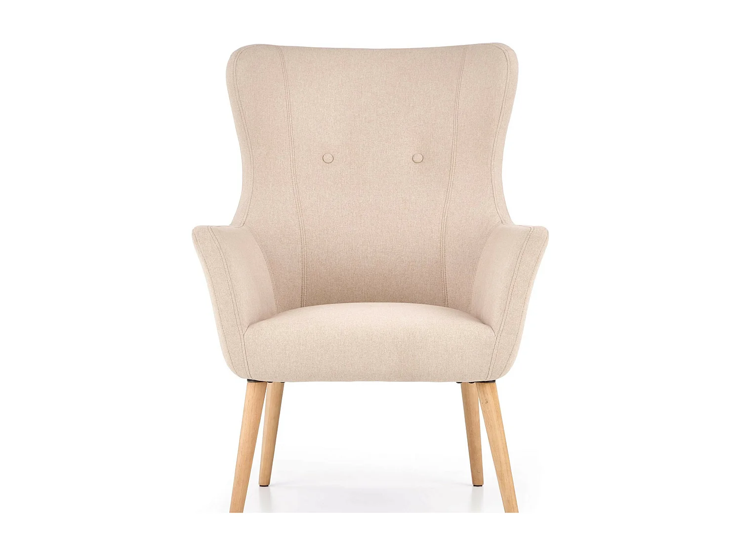 Fauteuil rembourré en tissu beige avec dossier haut et pieds en bois de caoutchouc WISH