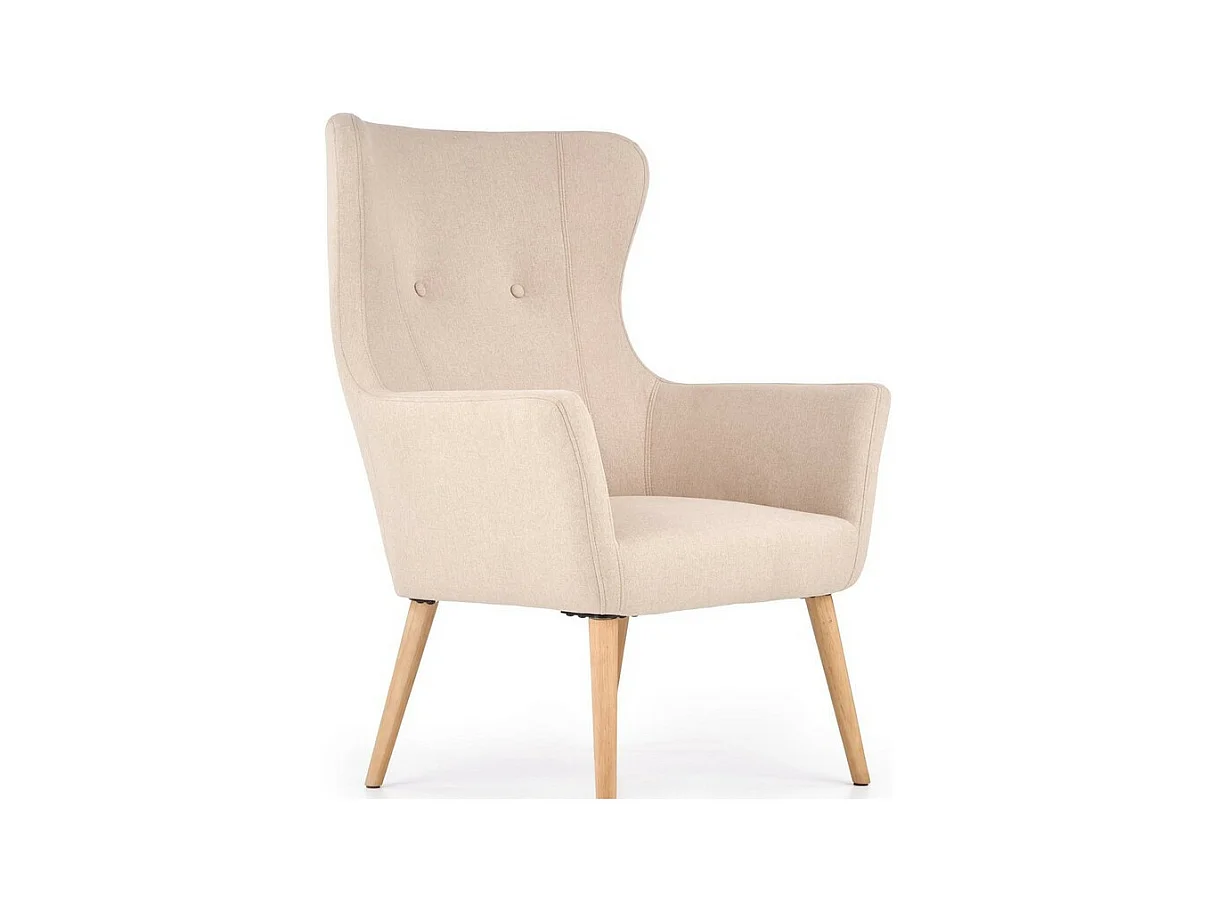 Fauteuil rembourré en tissu beige avec dossier haut et pieds en bois de caoutchouc WISH