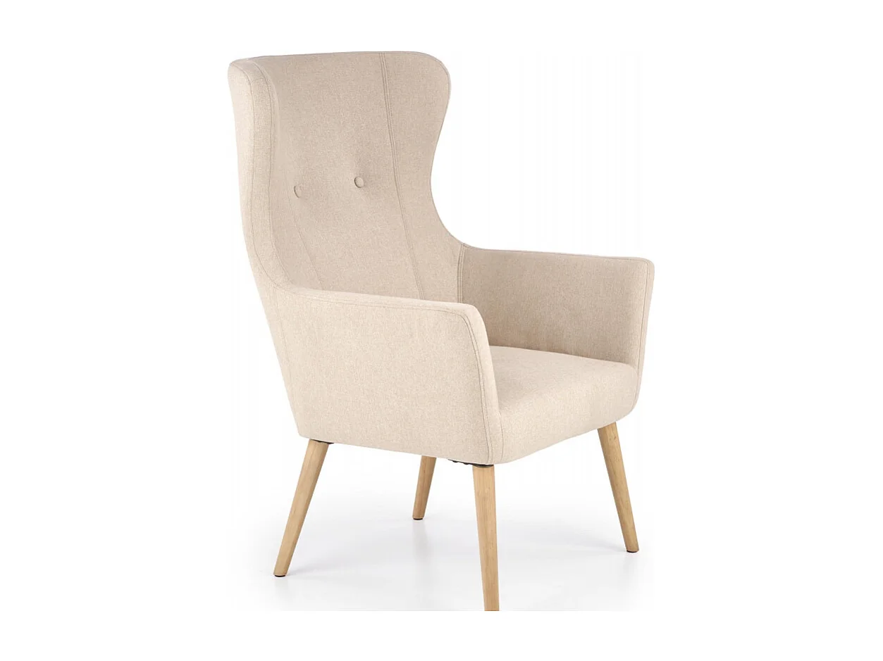 Fauteuil rembourré en tissu beige avec dossier haut et pieds en bois de caoutchouc WISH