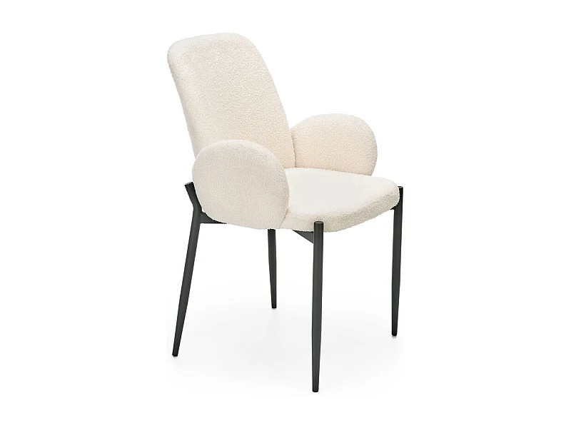 Sedia contemporanea in tessuto bouclé crema con braccioli e gambe in metallo nero HORN