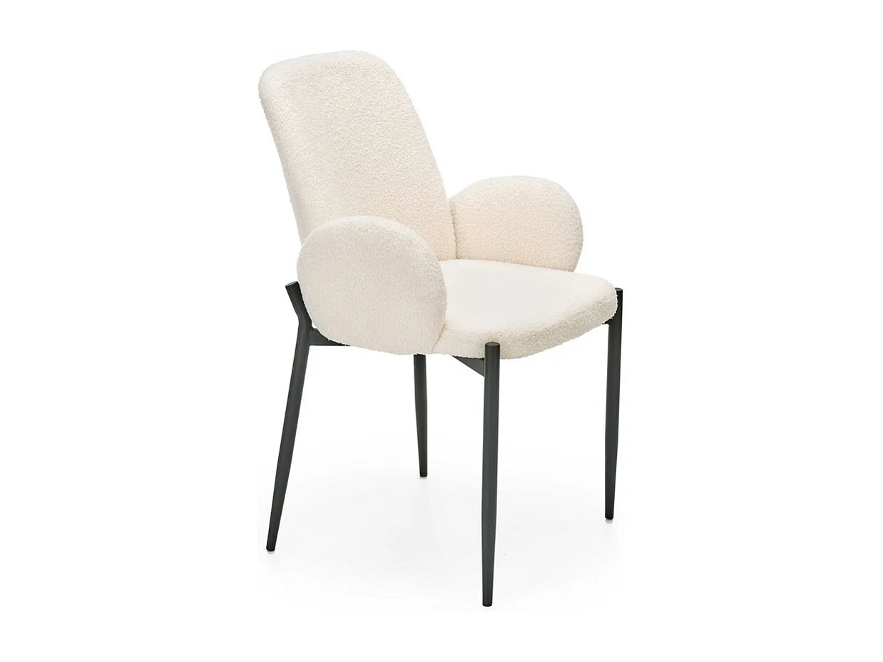 Silla contemporánea en tejido bouclé crema con brazos y patas de metal negro HORN