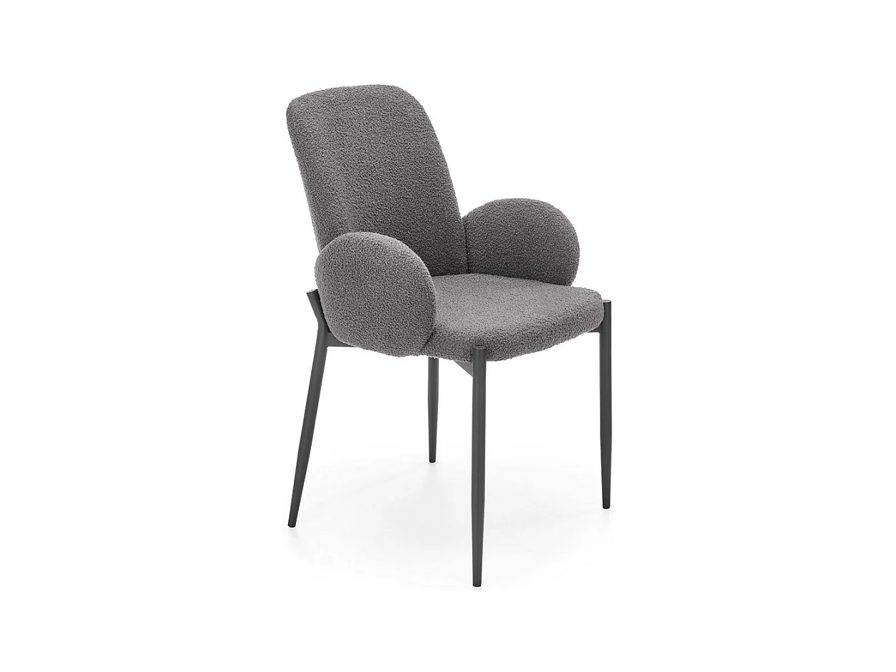 Silla contemporánea de tela bouclé gris con brazos y patas de metal negro HORN
