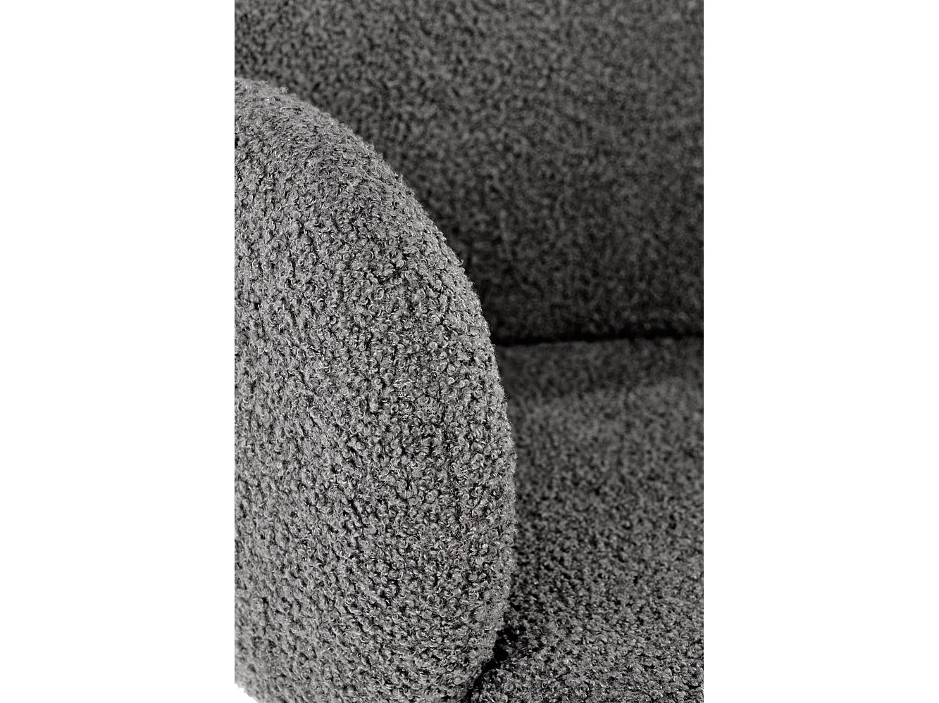 Silla contemporánea de tela bouclé gris con brazos y patas de metal negro HORN