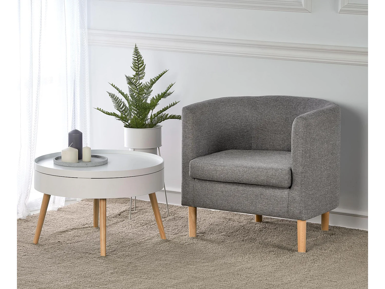 Fauteuil cabriolet en tissu gris avec pieds en bois massif Soho