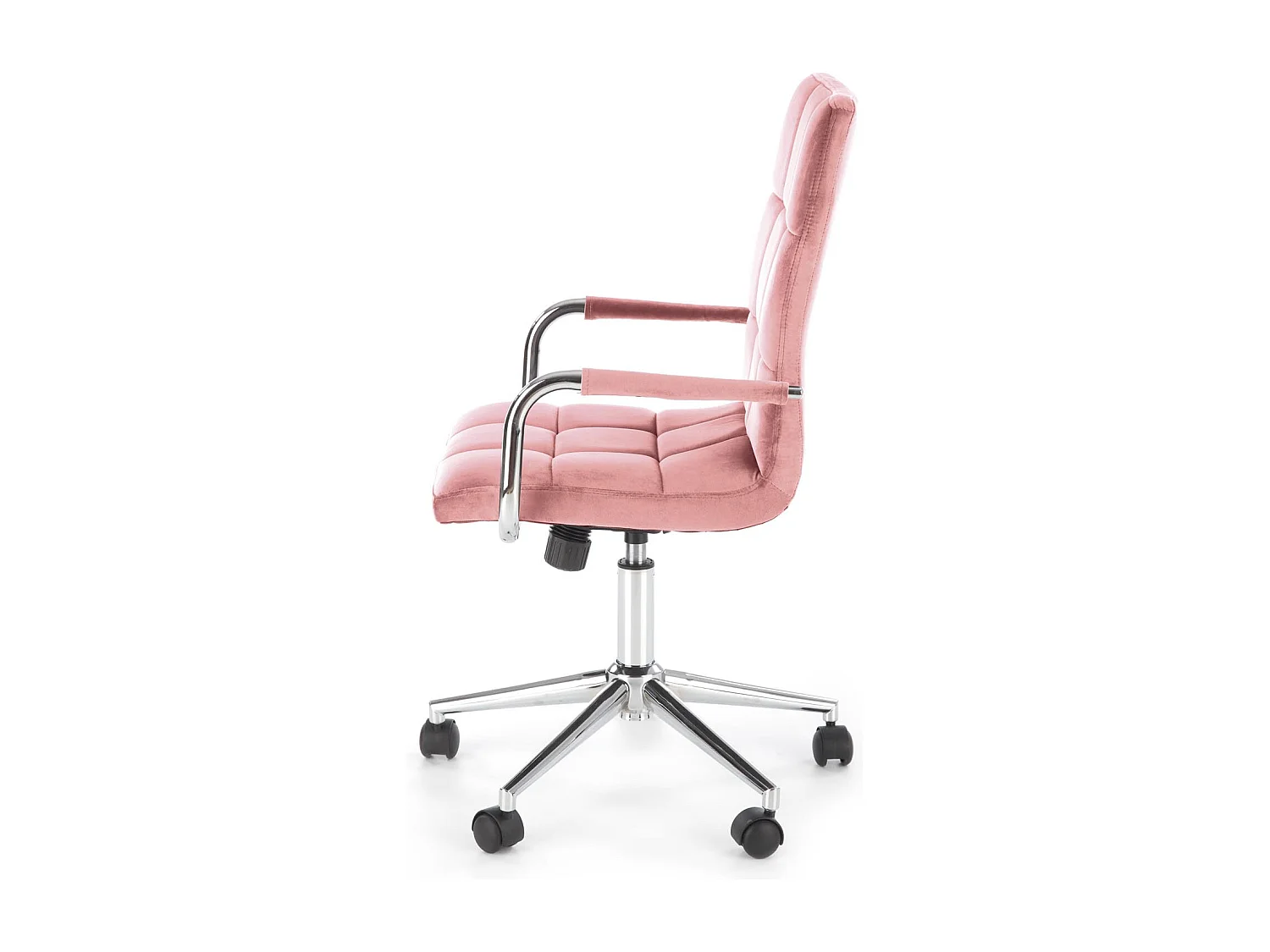 Siège de bureau enfant en velours rose avec structure en métal chromé MAC