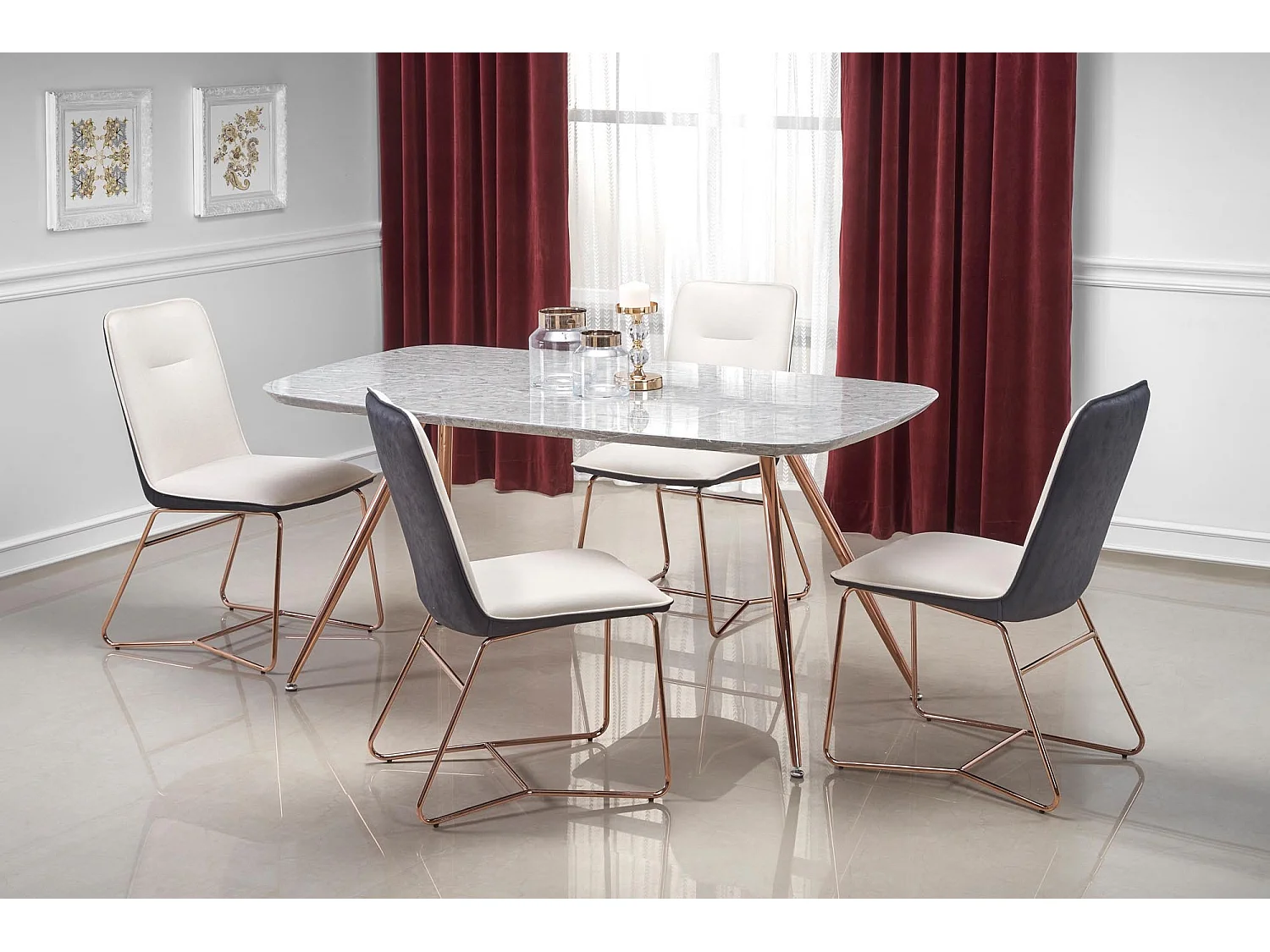 Chaise de salle à manger beige et grise avec pied en acier rose doré Saxo