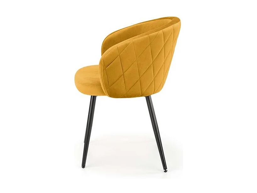 Chaise en velours jaune avec dossier arrondi et pieds en métal noir ERIKA