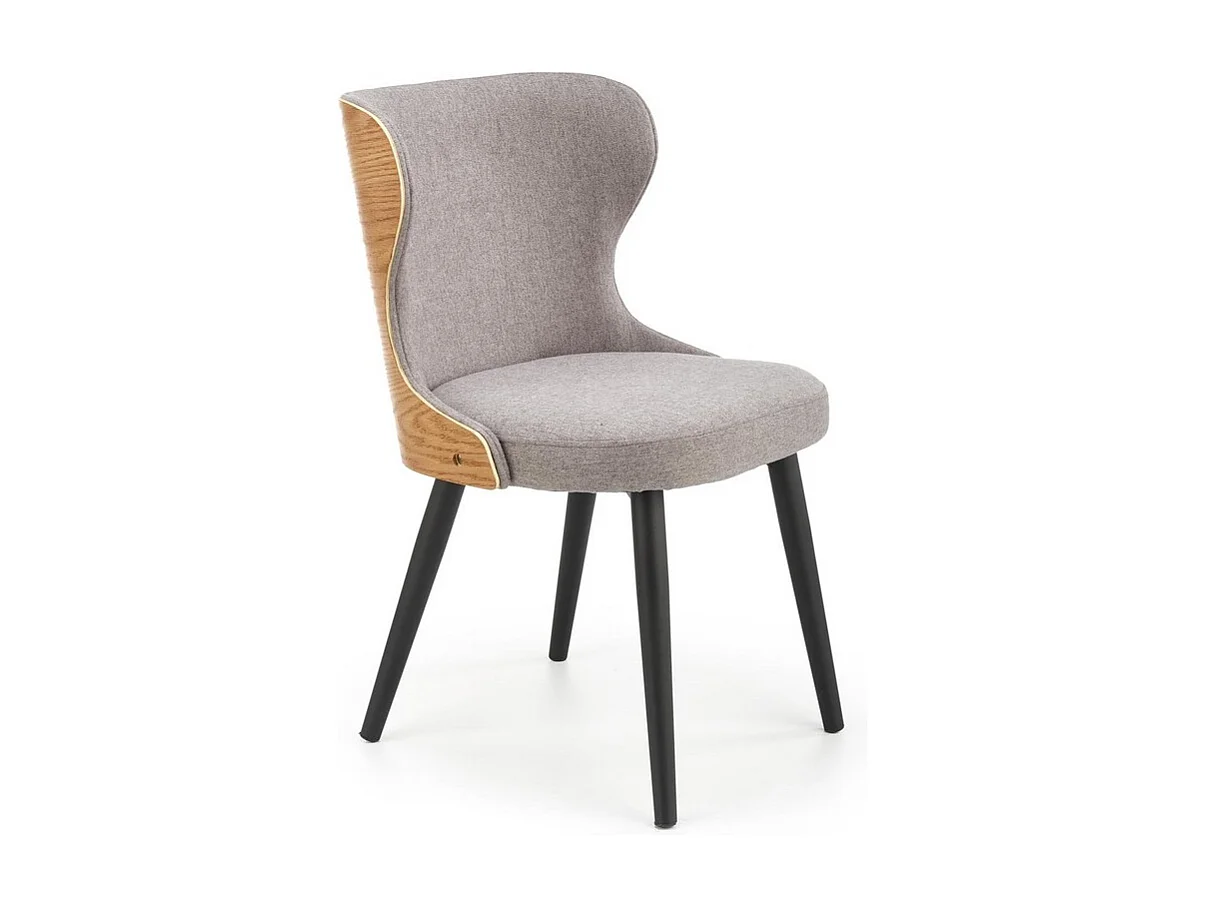 Chaise retro design avec dossier arrondi aspect chêne et assise en tissu gris ARADIA