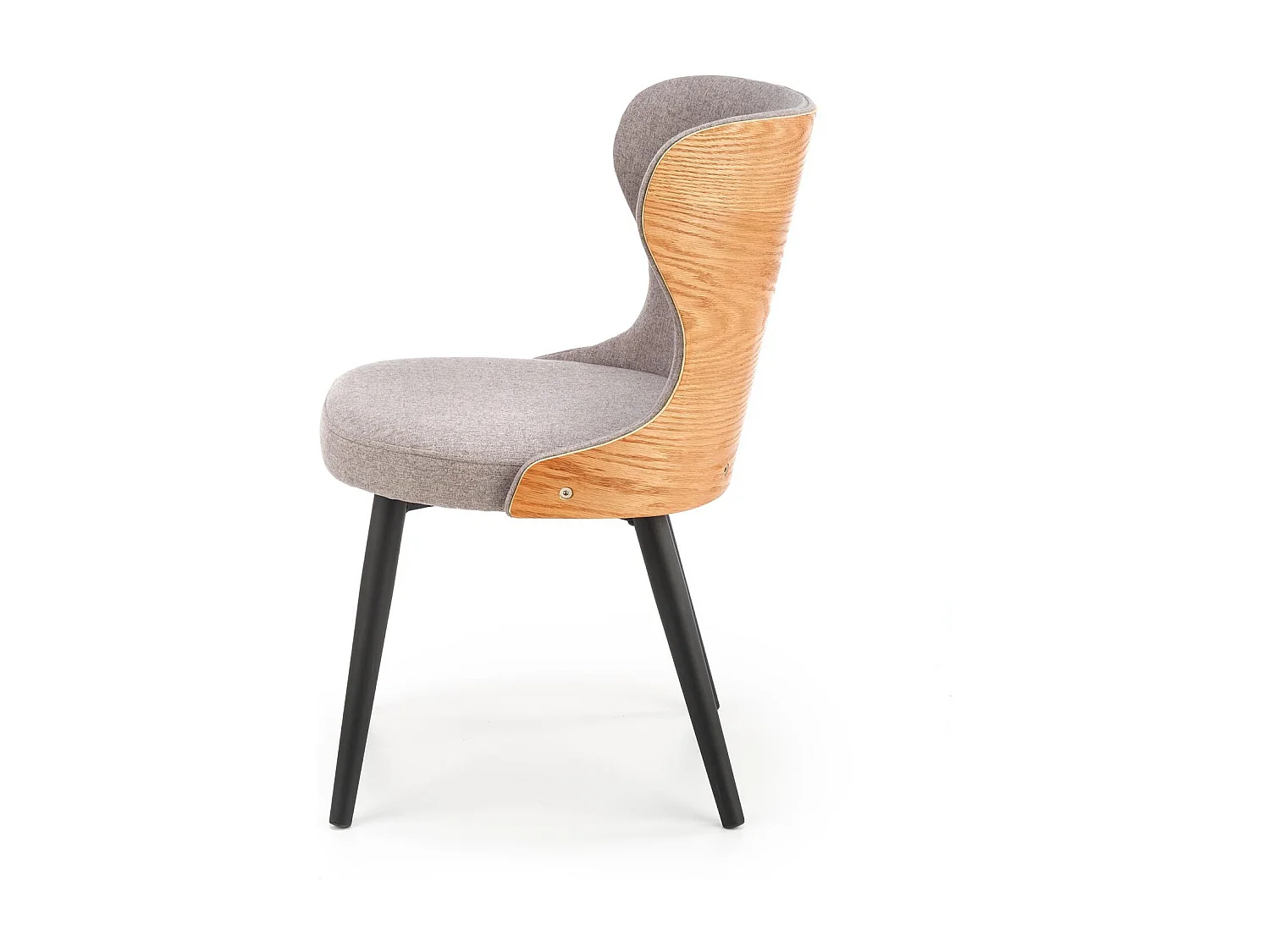 Chaise retro design avec dossier arrondi aspect chêne et assise en tissu gris ARADIA