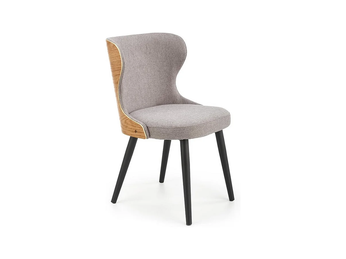 Chaise retro design avec dossier arrondi aspect chêne et assise en tissu gris ARADIA