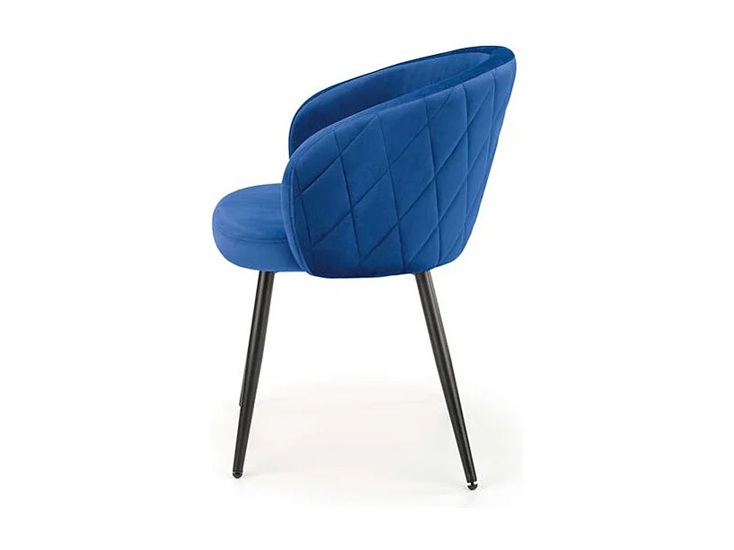 Chaise en velours bleu avec dossier arrondi et pieds en métal noir ERIKA