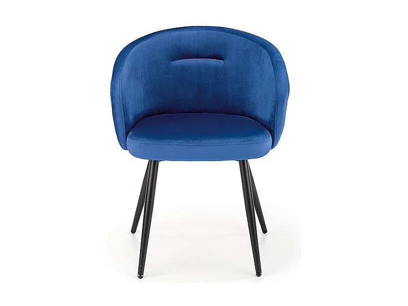 Chaise en velours bleu avec dossier arrondi et pieds en métal noir ERIKA