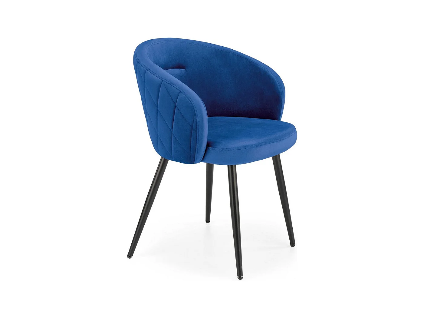 Silla de terciopelo azul con respaldo redondeado y patas de metal negro ERIKA