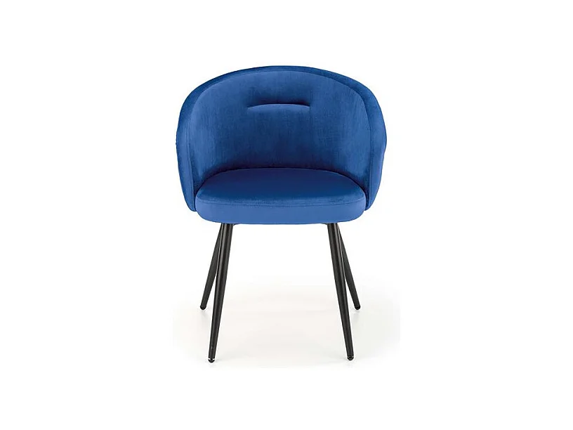 Silla de terciopelo azul con respaldo redondeado y patas de metal negro ERIKA