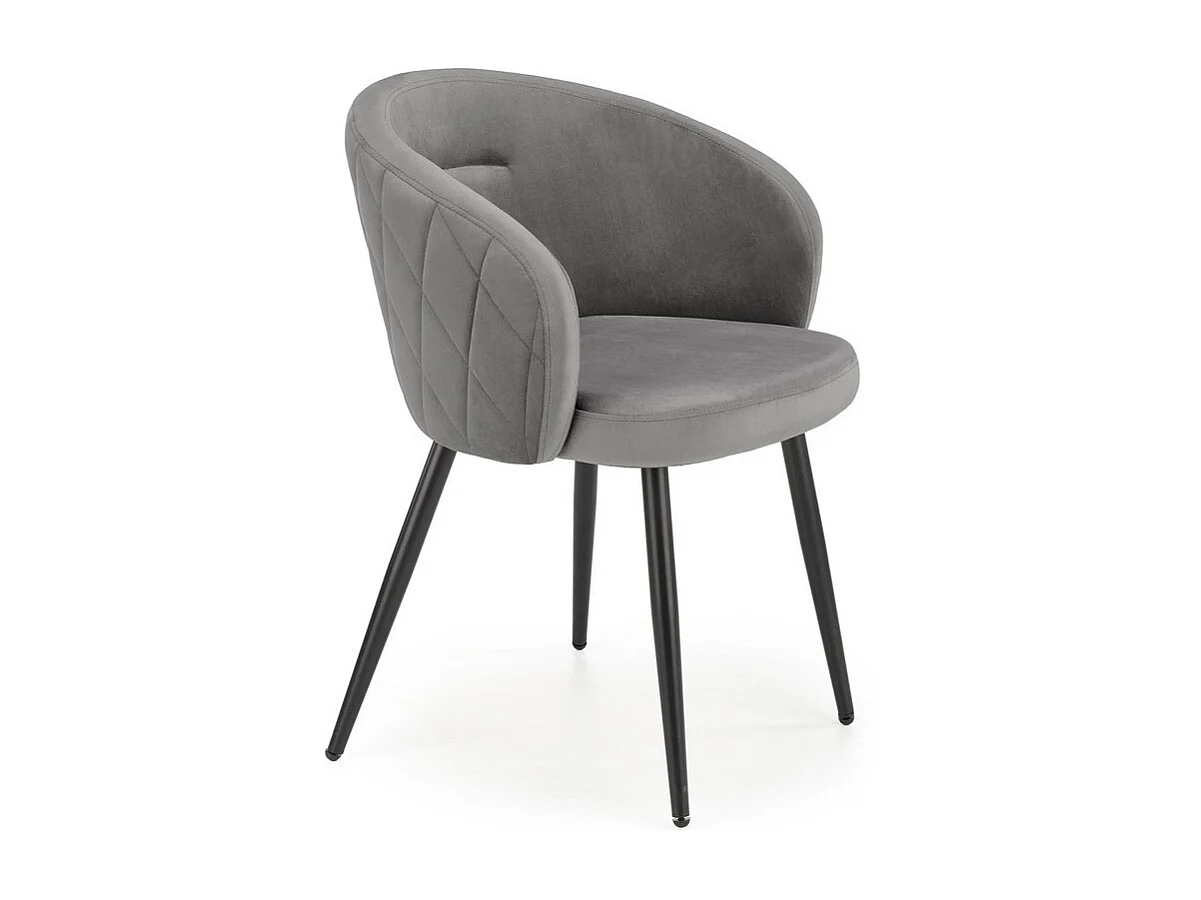 Chaise en velours gris avec dossier arrondi et pieds en métal noir ERIKA