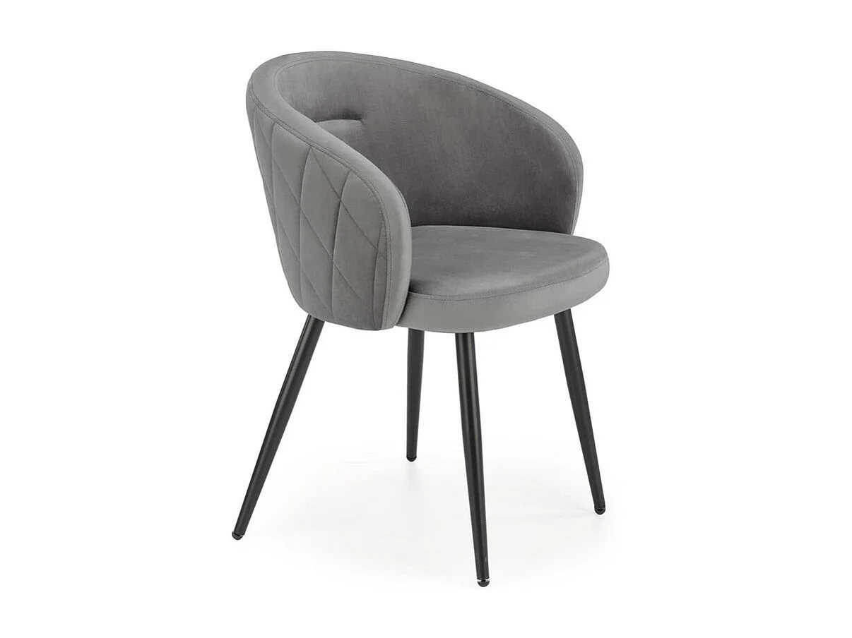 Silla de terciopelo gris con respaldo redondeado y patas de metal negro ERIKA