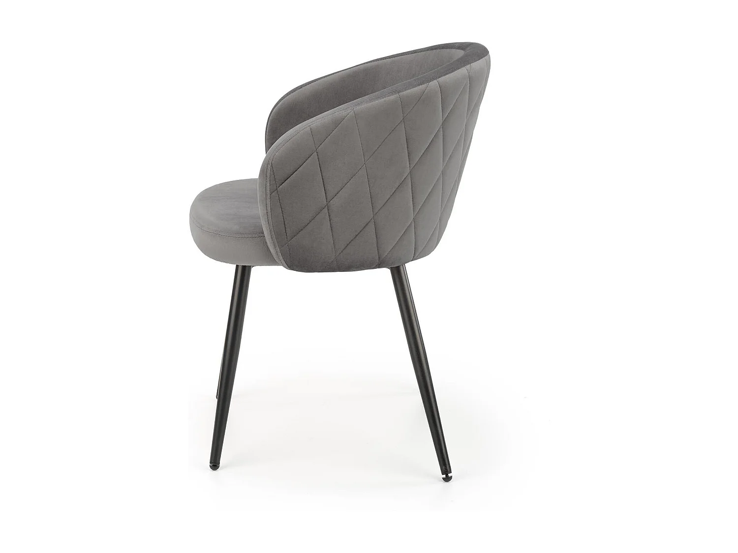 Silla de terciopelo gris con respaldo redondeado y patas de metal negro ERIKA