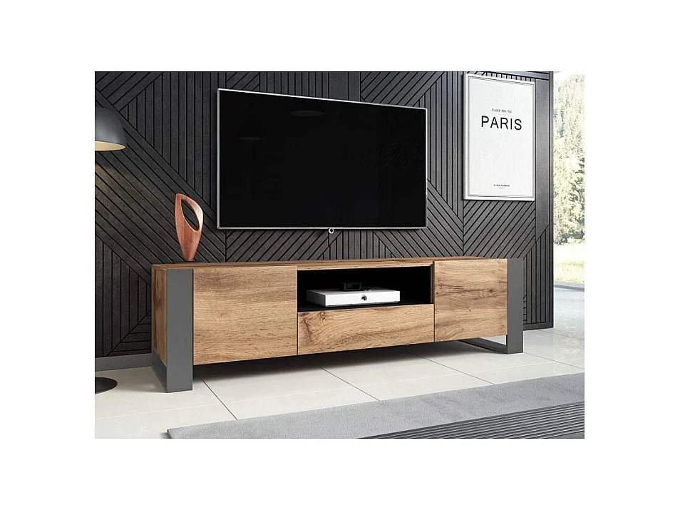 WODD Meuble TV Bas en chêne Anthracite et Pieds Gris 180 cm. Style Industriel