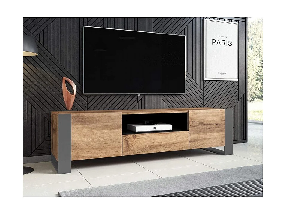 WODD Meuble TV Bas en chêne Anthracite et Pieds Gris 180 cm. Style Industriel