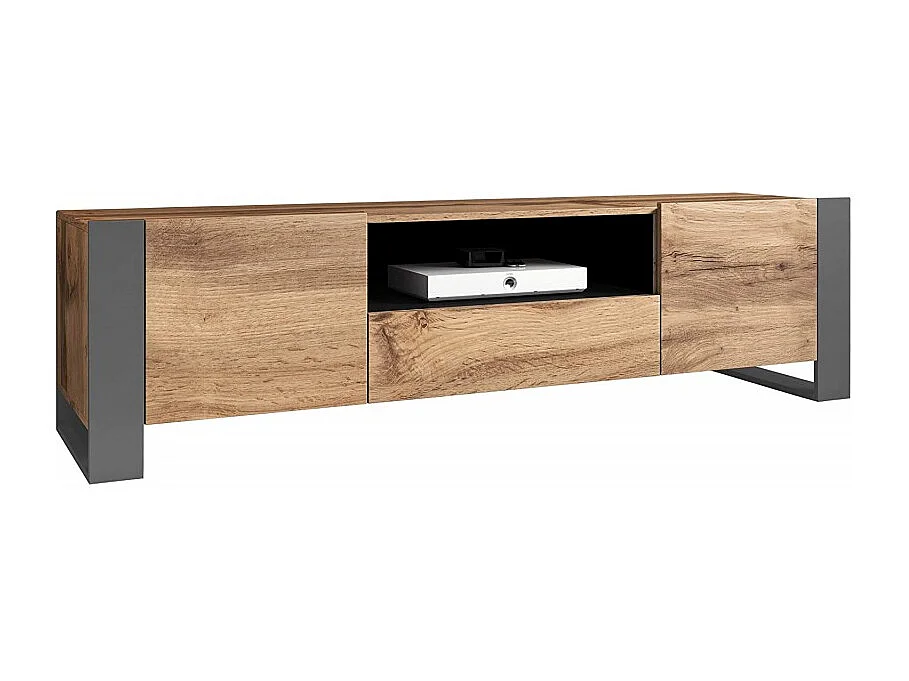 WODD Meuble TV Bas en chêne Anthracite et Pieds Gris 180 cm. Style Industriel