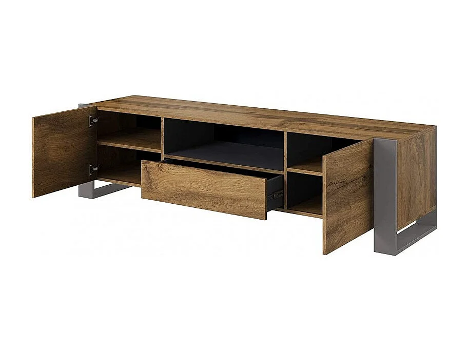 WODD Meuble TV Bas en chêne Anthracite et Pieds Gris 180 cm. Style Industriel