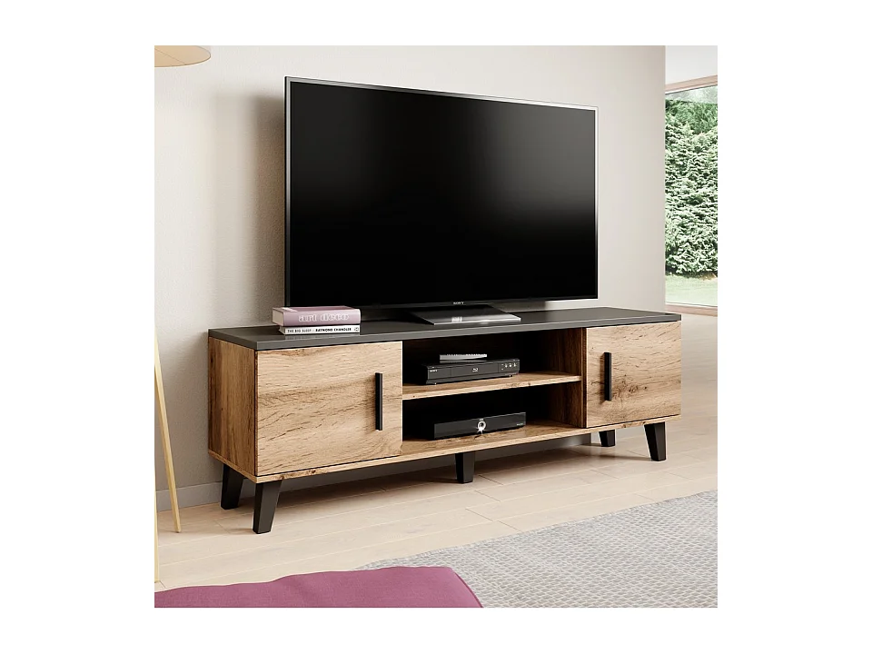 Meuble TV style chêne et noir mat 160cm Colin