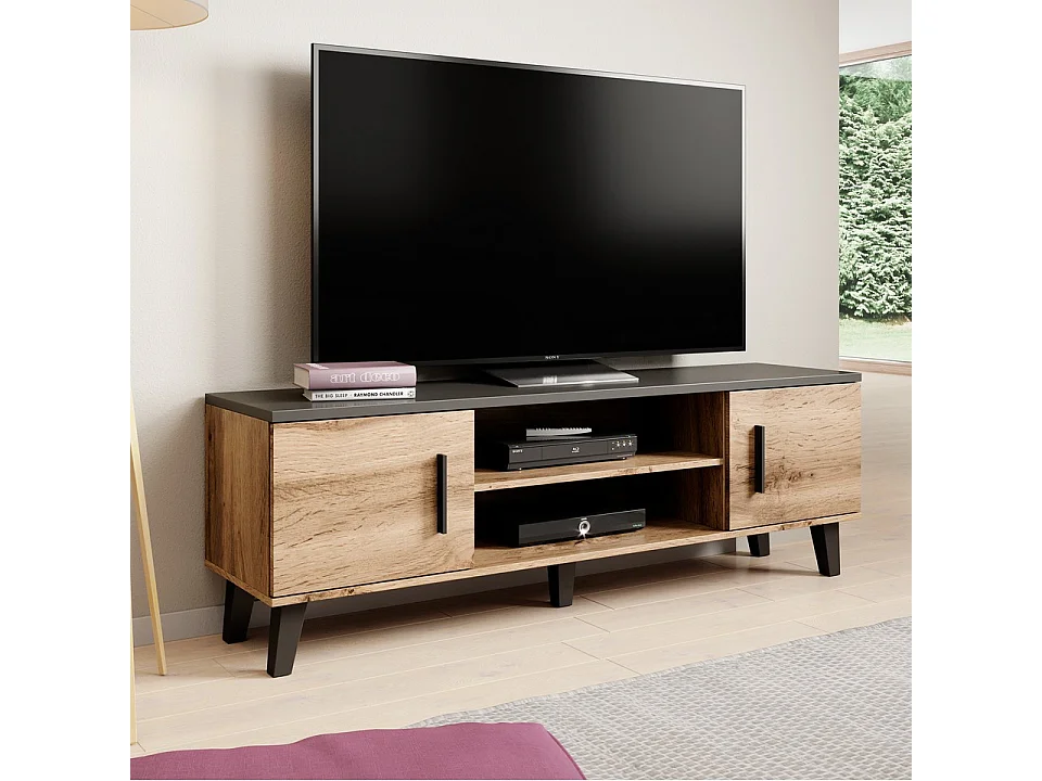 Meuble TV style chêne et noir mat 160cm Colin