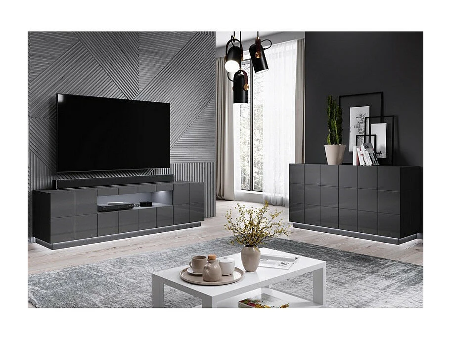 Flow grigio lucido + LED Porta TV di design da 184 cm - bianco