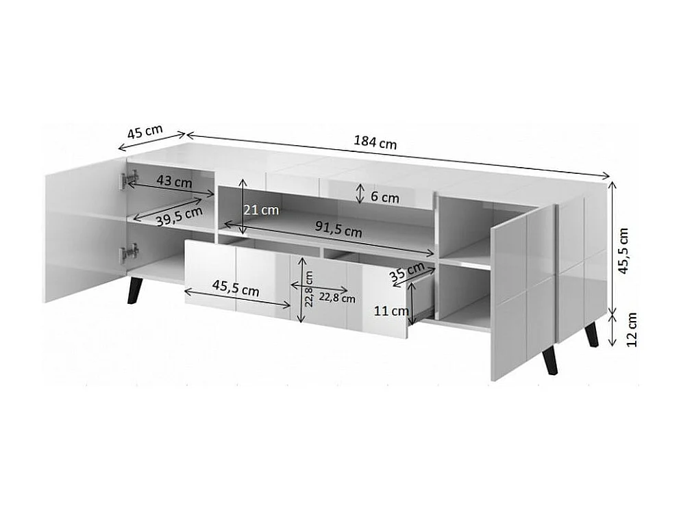 Meuble TV design gris brillant + LED 184 cm Flow - blanc