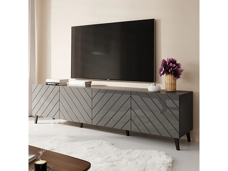 Meuble TV design gris graphite brillant 200 cm Yaka