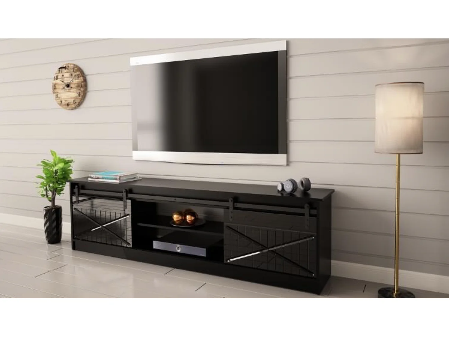 Meuble TV design noir 200 cm Hexa