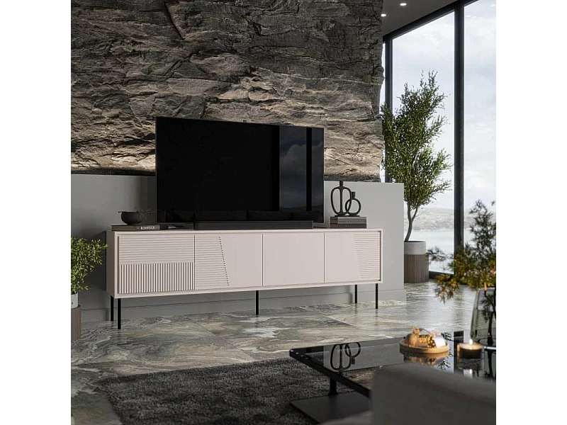 Porta TV di design da 200 cm in cashmere opaco con gambe in metallo nero Ula