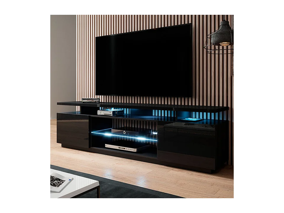 Meuble TV noir brillant 180 cm à LED Zohra - blanc