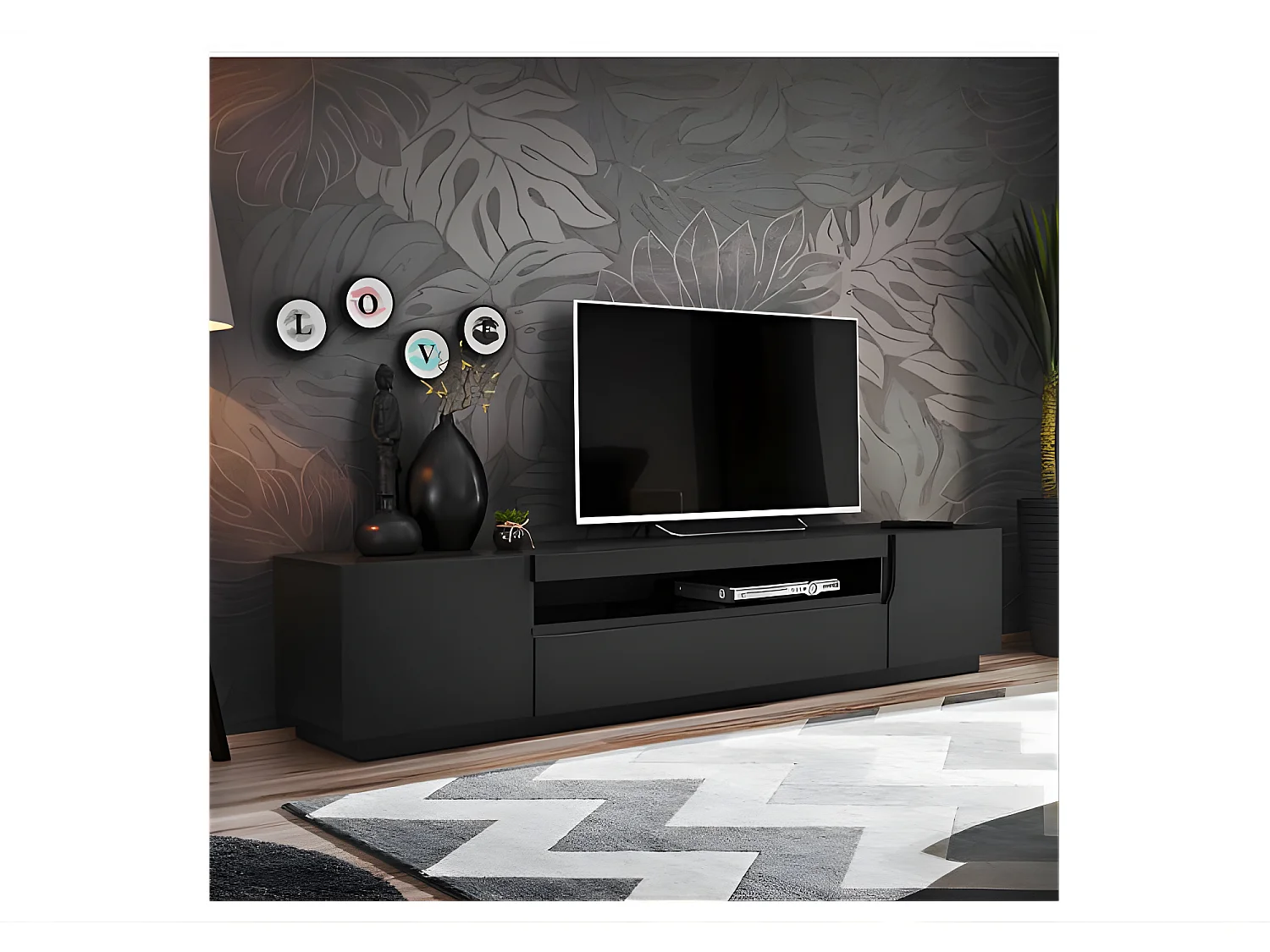 Meuble TV design moderne noir mat 200 cm Cali