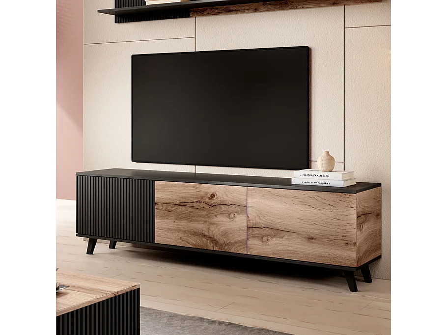 Meuble TV contemporain 180 cm noir et aspect chêne wotan PUMP