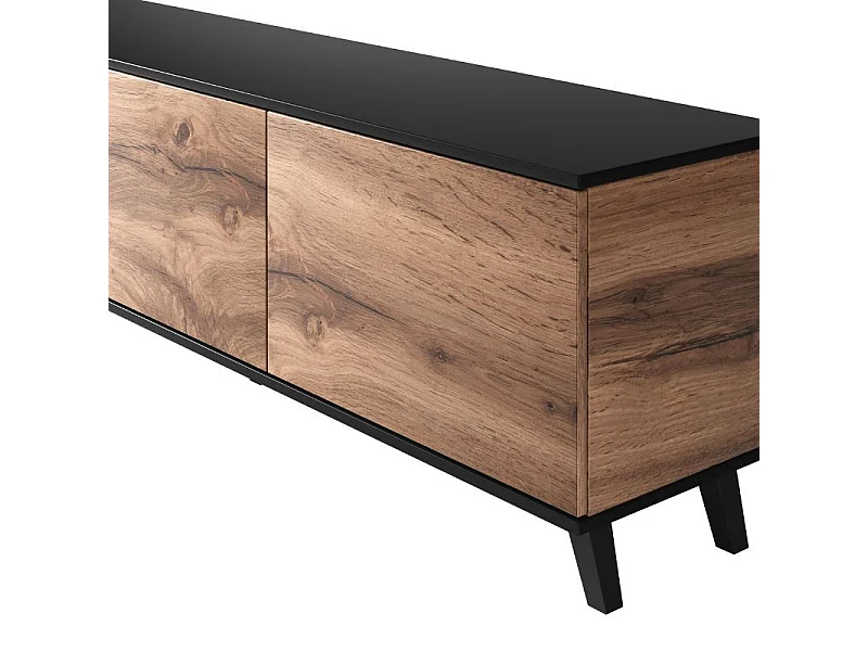 Meuble TV contemporain 180 cm noir et aspect chêne wotan PUMP