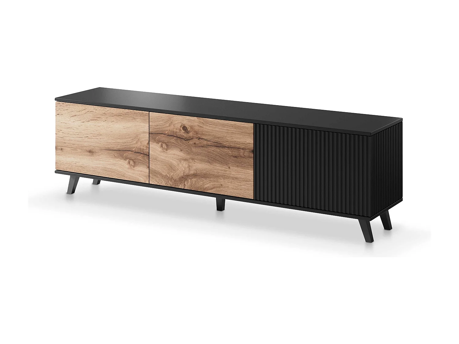 Meuble TV contemporain 180 cm noir et aspect chêne wotan PUMP