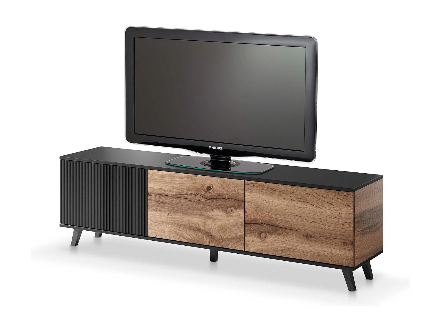 Meuble TV contemporain 180 cm noir et aspect chêne wotan PUMP