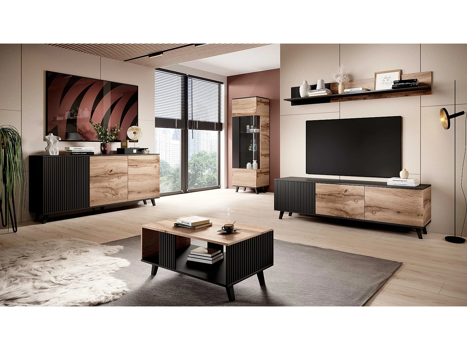 Meuble TV contemporain 180 cm noir et aspect chêne wotan PUMP