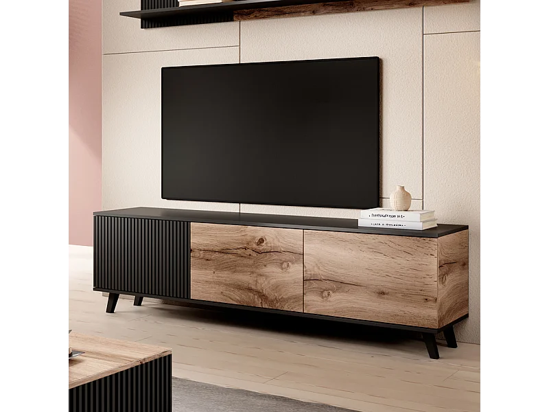 Meuble TV contemporain 180 cm noir et aspect chêne wotan PUMP