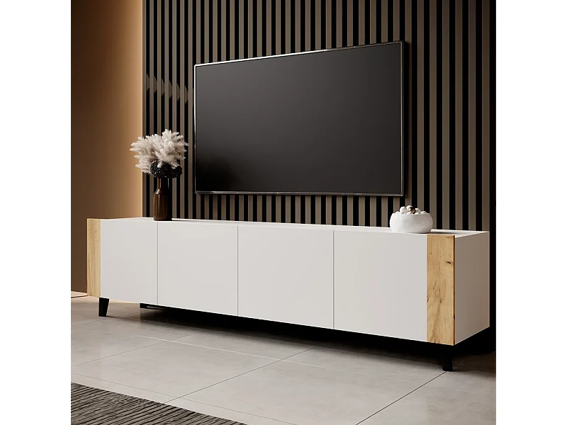 Meuble TV design blanc mat + bois 200 cm Tempo