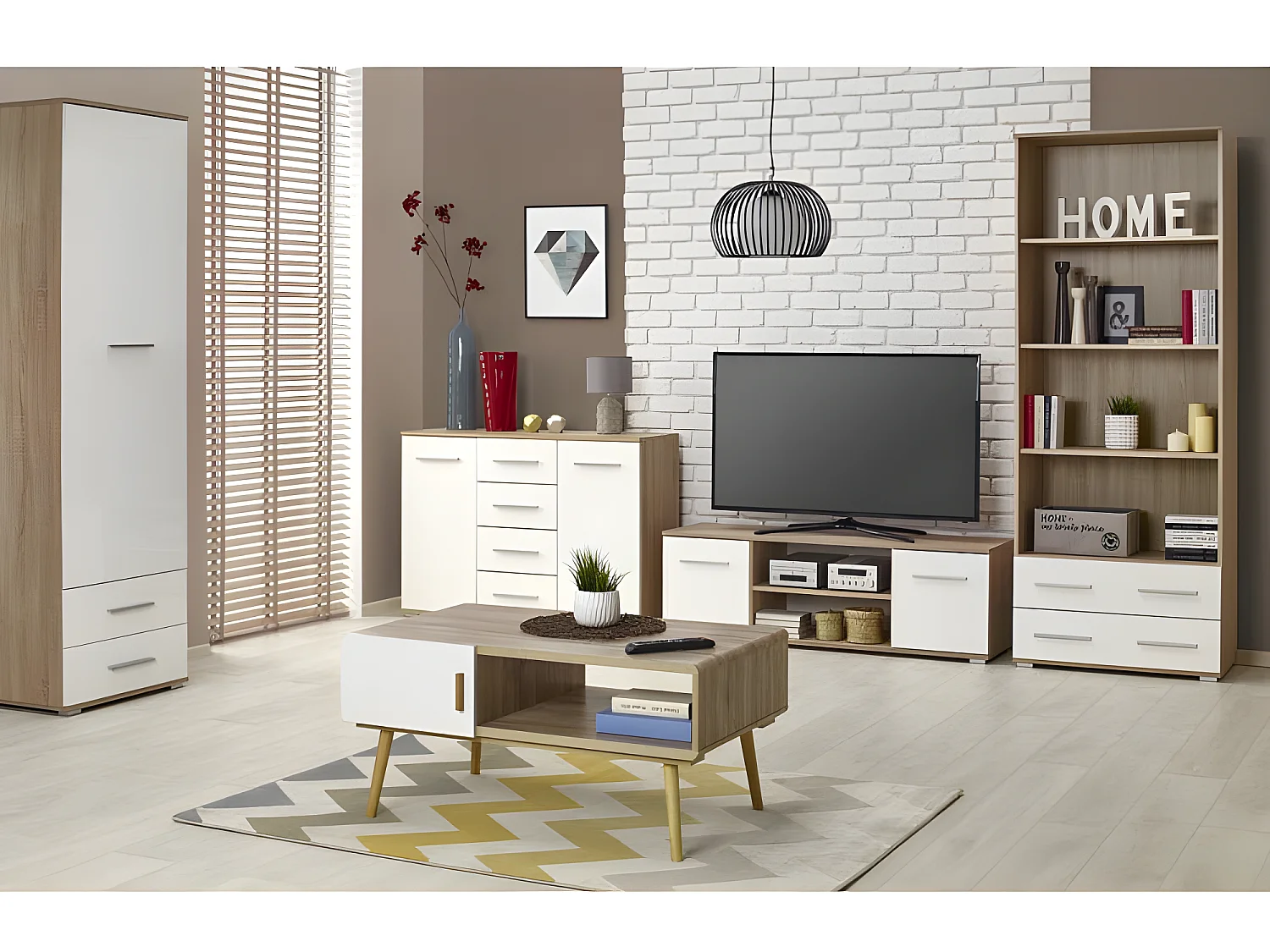 Meuble TV scandinave blanc et bois Persephone