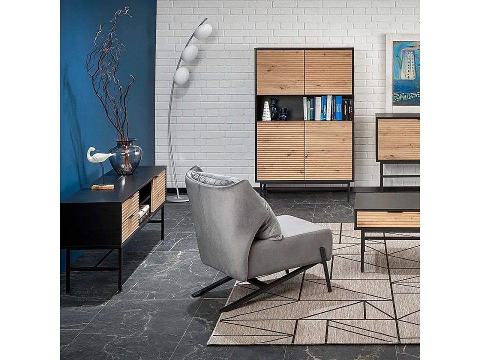 Meuble TV style industriel noire et aspect chêne avec structure en métal SMASH