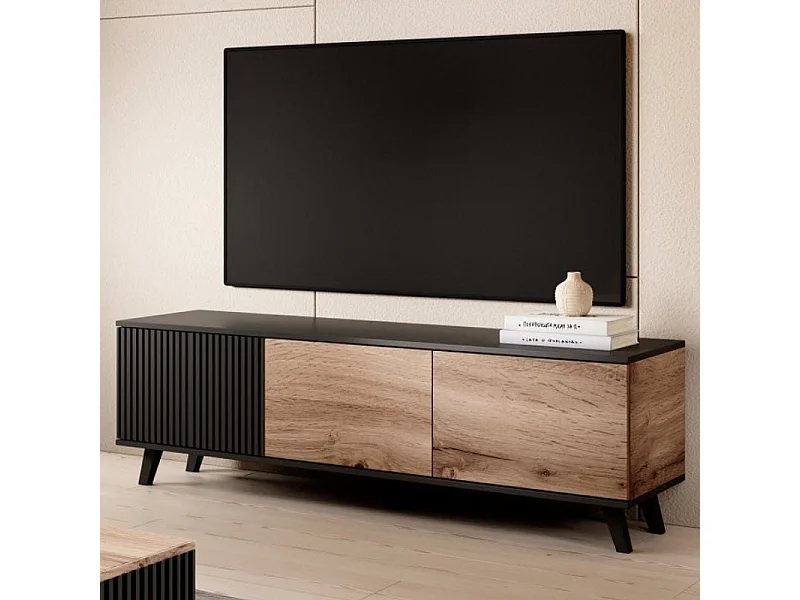 Meuble TV contemporain 3 portes aspect chêne wotan et noir 150cm PUMP