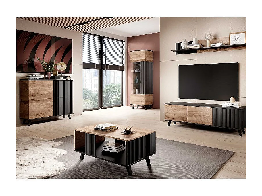 Meuble TV contemporain 3 portes aspect chêne wotan et noir 150cm PUMP