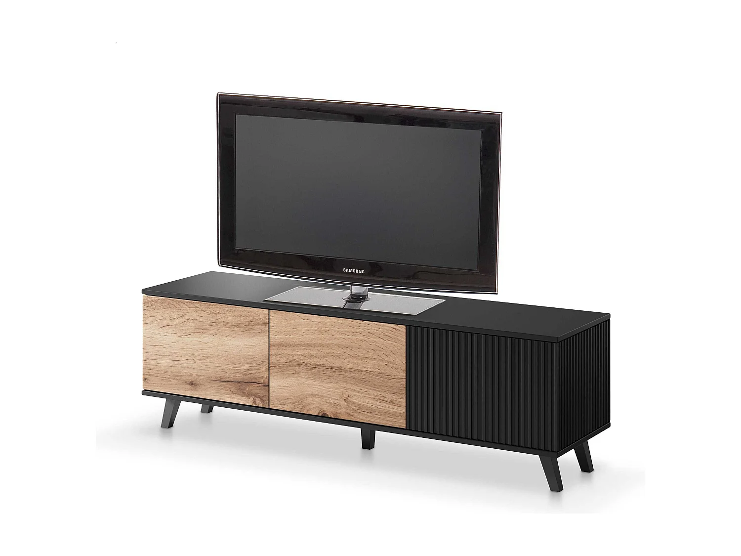 Meuble TV contemporain 3 portes aspect chêne wotan et noir 150cm PUMP